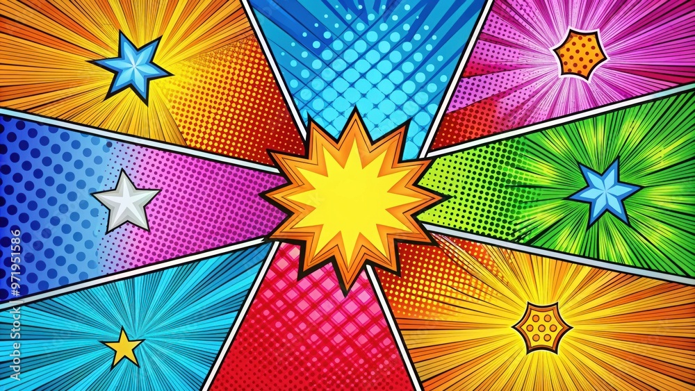Comic book page background with vibrant colors and dynamic patterns ...