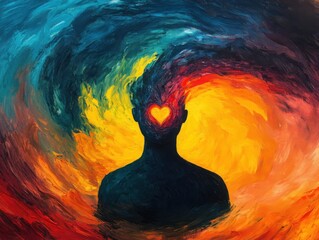 Wall Mural - A person with vibrant colors emanating from their heart, slowly being engulfed by a dark, swirling mist, symbolizing the impact of negativity from toxic people