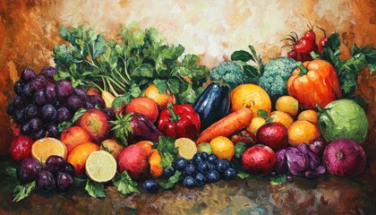 Wall Mural - Oil painting depicting an assortment of fresh fruits and vegetables showcasing vibrant colors and natural textures