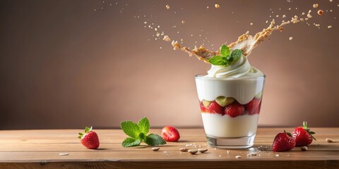 Wall Mural - Obst f?llt in Dessert mit Joghurt, fruit, yogurt, dessert, falling, sweet, healthy, fresh, colorful, splash, organic, dairy