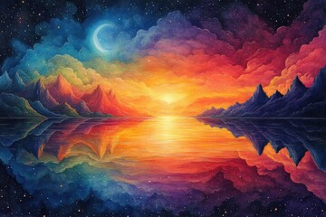 Wall Mural - Surreal Sunset Landscape with Mountains and Starry Sky Reflection