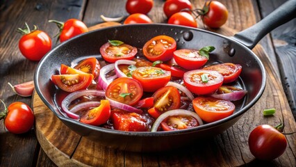 Tomatoes and onions being fried in a sizzling hot pan, Tomatoes, onions, fried, pan, boiling oil, cooking, red, ingredients