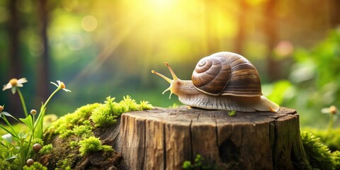 Wall Mural - Snail resting on a weathered stump surrounded by fresh spring growth, snail, stump, spring, macro, wildlife, nature, gastropod