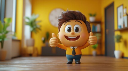 Wall Mural - animation businessman cartoon character elastic knotte han shows thumb up gesture funny like commercial concept isolate on yellow backgroun with white roun frame appearing