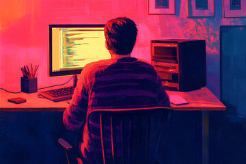 Poster - A person coding at a computer in a colorful, ambient workspace.