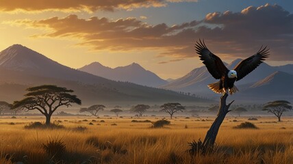 Wall Mural - realistic illustration of Savannah with an eagle