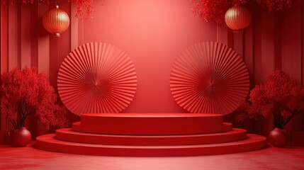 Wall Mural - animation k festive backgroun with spinning fans an empty stage blank showcase with podium for product presentation