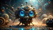 © Four888 - Whimsical digital illustration of a tiny mechanical creature with glowing blue eyes, surrounded by gears, cogs, and wires, amidst a mystical, misty atmosphere.