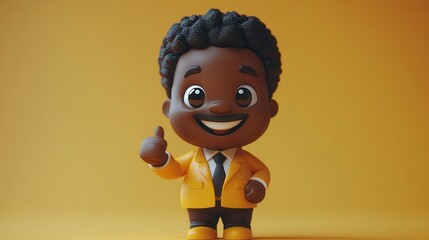 Wall Mural - illustration african cartoon character businessman han shows thumb up like gesture sticking out the laptop screen successful internet business clip art isolate on yellow background