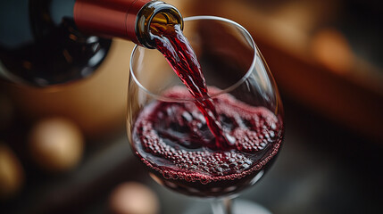 Pouring red wine into glass, capturing the rich color and bubbles of fine wine