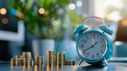 Wall Mural - Alarm clock and stacked coins symbolizing passive income