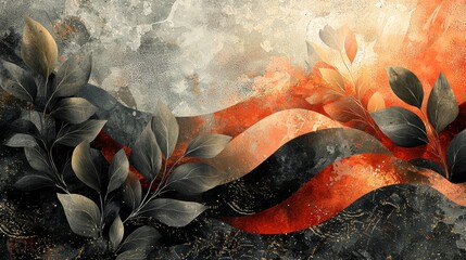 Wall Mural - Abstract Watercolor Floral Background with Black and Gold Leaves