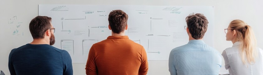 Flowchart of debt management strategies on a whiteboard, surrounded by professionals in a meeting, financial planning concept