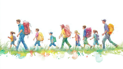 A joyful group of hikers walking through nature, carrying colorful backpacks and enjoying the great outdoors together.