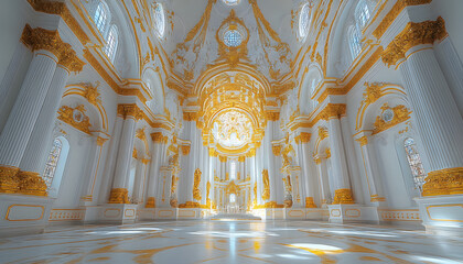 “Magnificent Golden and White Ornate Cathedral Interior Featuring Intricate Architectural Details, Religious Symbolism, and Elegant Designs in a Grand, Spiritual Space”
