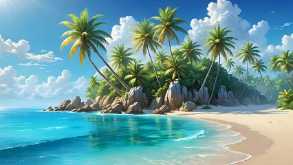 An exotic island paradise with clear blue water, sandy white beaches, swaying palm trees, vibrant tropical flowers, and a clear blue sky, fantasy art 