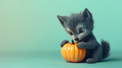 A cute cartoon wolf pup holding a small orange pumpkin, isolated on a green background.