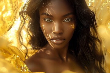 Sticker - Close-up portrait of a beautiful black woman with long black hair and gold glitter on her face.