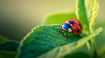 Wall Mural - ladybug on leaf macro photo