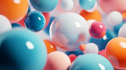 Wall Mural - A close-up shot of glossy spheres in blue, orange, pink and white, creating an abstract and colorful image.