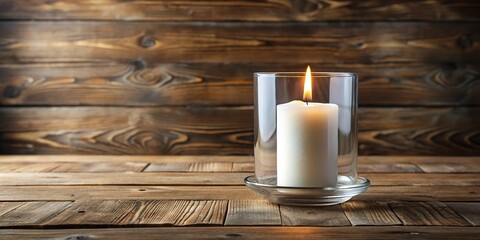 Wall Mural - White candle in glass holder on wooden table