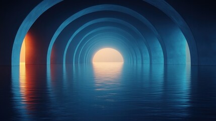 Canvas Print - abstract black backgroun with roun arches blue paper layers reflection in the calm water an bright light at the en of the tunnel geometric minimalist wallpaper