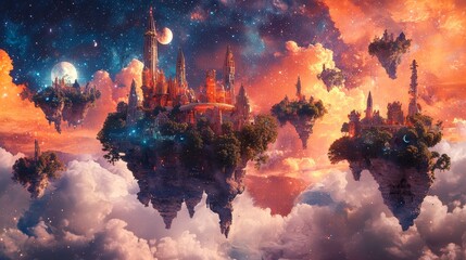 Sticker - Fantasy Floating City Above Clouds with Stars and Moons