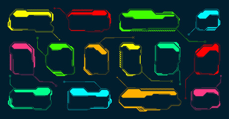 Poster - Futuristic HUD or UI elements. Sci-fi user interface text boxes, callouts. Colorful warning message frame, information boxes template. Modern game interface layout, digital style. Vector illustration