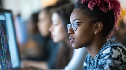 A coding workshop where people of various ethnicities and genders are learning programming together