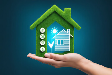 Hands holding a green futuristic smart home.Home family assurance protection , business, investment ,green energy and real estate concept