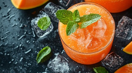 Close up of a glass of orange juice with ice cubes and mint leaves on top.