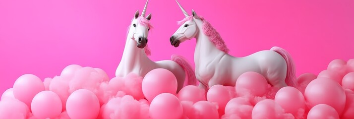 Two white unicorns with pink manes and tails stand gracefully amidst a sea of pink balloons, symbolizing dreams, magic, joy, and the power of imagination.