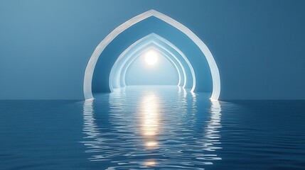 Canvas Print - abstract minimalist backgroun triangular shape hole inside the wall blue paper layers reflection in the calm water an bright light at the en of triangular tunnel geometric wallpaper