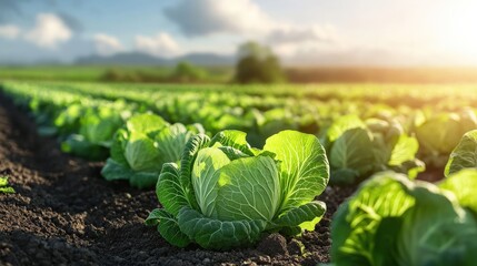 A row of green cabbage heads (Brassica oleracea) in the field, ready for harvesting