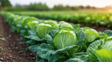 A row of green cabbage heads (Brassica oleracea) in the field, ready for harvesting