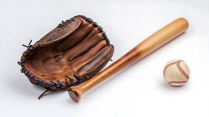 A brown leather baseball glove, a wooden baseball bat, and a white baseball with red stitching, all on a white background.