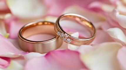 Wall Mural - Two gold wedding rings resting on a rose petal-strewn background