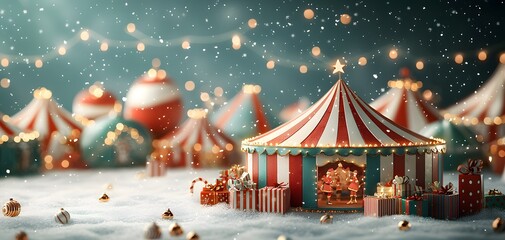 Enchanting Aerial View of a Christmas-Themed Circus with Joyful Decorations and Magical Atmosphere. Cozy Christmas Concept