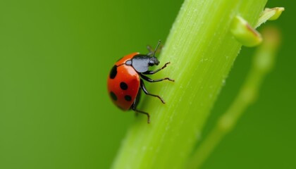  A tiny red and black ladybug on a green leaf