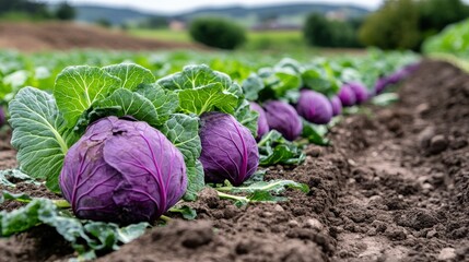 A row of purple cabbage heads (Brassica oleracea) in the field, ready for harvesting