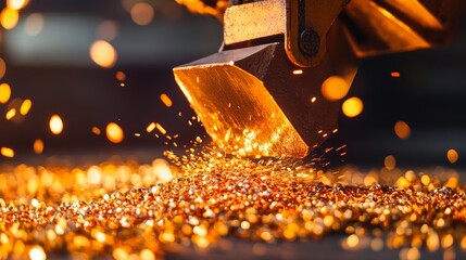 A close-up shot of a metal clamp dropping a pile of metal shavings, representing the volatility and movement of commodity prices.  The orange glow and sparks symbolize the fluctuations, supply and dem