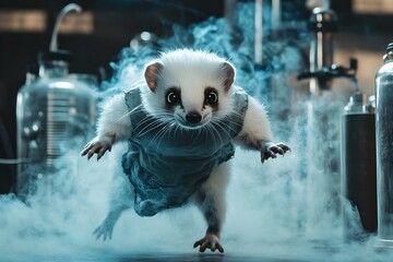 A small white and black rodent is running through a cloud of smoke