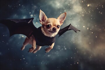 A small dog is wearing a black bat costume and flying through the air