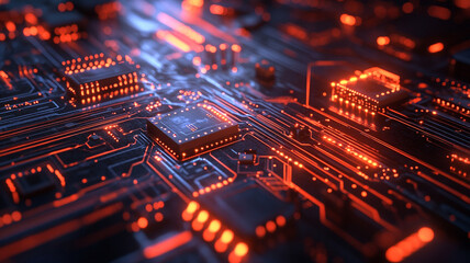 Poster - Intricate circuit board design illuminated with vibrant orange lights showcasing modern technology