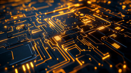 Poster - Abstract illustration of a glowing circuit board with intricate patterns and luminescent details