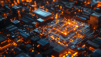 Poster - A detailed illustration of a glowing microchip technology in a futuristic urban environment at night