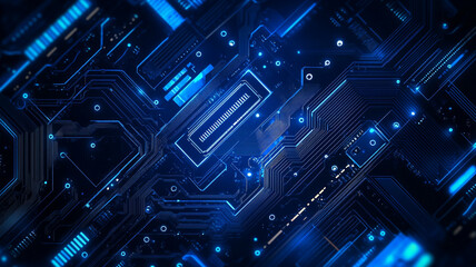Poster - Abstract blue circuit board with glowing connections symbolizing technology and innovation