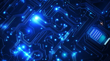 Poster - Abstract illustration of a circuit board with glowing blue lights and intricate patterns at night