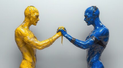 blue an yellow human hands tie with tape isolate on white backgroun victory gesture fight for peace an freedom in ukraine