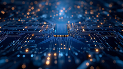 Poster - Detailed illustration of a close-up view of a microchip surrounded by circuitry at night